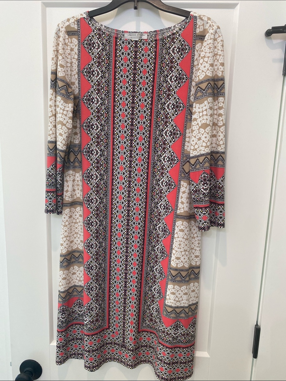 London Style Coral and Beige Printed Long Sleeve Shift Dress